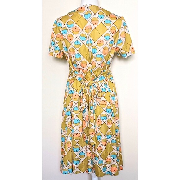 VTG 60s Mod Chartreuse Aqua Print Knee Length Dress Tie Back Sz S/M - Picture 3 of 5